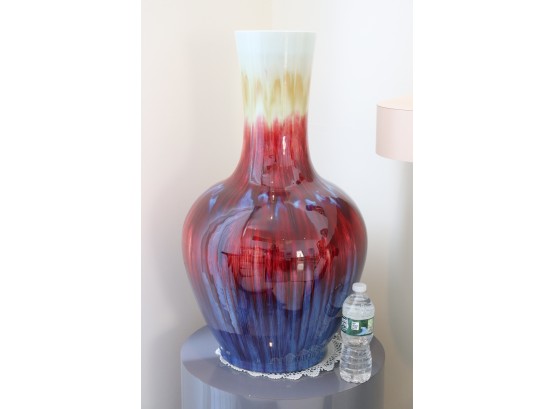 Large & Impressive Asian Inspired Ceramic Vase With Shiny Colorful Glaze