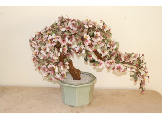 Large Vintage Glass Cherry Blossom Bonsai Tree In Celadon Ceramic Planter