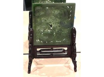Vintage Carved & Pierced Rich Green Jade Panel Or Table Screen Featuring Dragons On Wood Stand