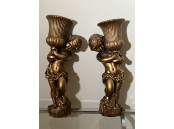 Pair Of Plaster Wall Plaques Of Cherubs With Urns
