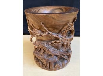 Vintage Asian Thick Carved Wood Vase Or Brush Pot With Raised Design Of Birds