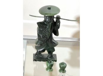 Green Jade Figurine Of Man Carrying Baskets And Fish