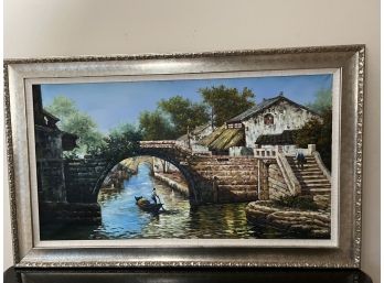 Large Painting Of Landscape & Canal With Boats In Silvered Frame Signed Li Feng