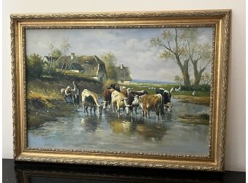 Vintage Painting With Oxen And Farmers In Bucolic Setting