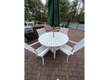 White Painted Aluminum Outdoor Table, 4 Chairs & Market Umbrella