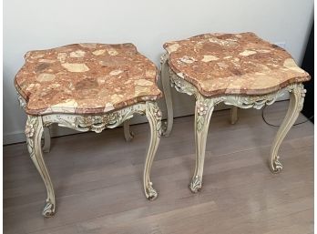 Vintage Romantic Style Marble Top Side Tables With Carved Wood Legs