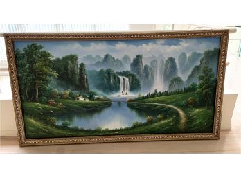 Enchanting Oversized Painting Of Verdant Landscape With Waterfalls, Cliffs, & Lake
