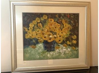Highly Textured Palette Knife Painting Of Yellow Flowers In Blue Vase