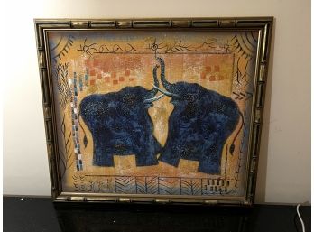 Textured Artwork Painting Of Blue Elephants In Bamboo Style Frame
