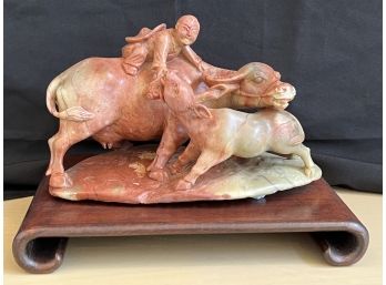 Vintage Chinese Soapstone Carving Of Man Seated On Oxen With Calf On Wooden Base