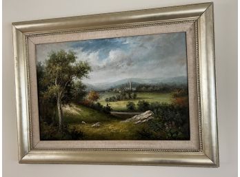 Antique Style Painting With Sheep & Bell Tower In Wide Silvered Frame