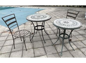 Two Marble Mosaic Top Outdoor Tables & 2 Metal Chairs