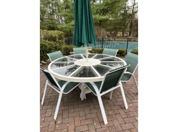 Outdoor Aluminum & Smokey Glass Table & 6 Chairs With Market Umbrella