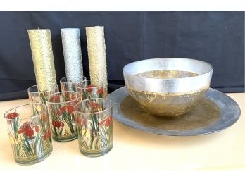 Italian Bowl & Platter- Applied Gold & Silver Leaf, 6 Glasses - Iris Pattern & 3 Tall Candles By Henri Bendel