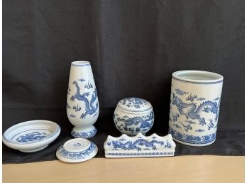 Group Of Blue & White Porcelain Pieces Including 2 Vases, Covered Box, & Chopstick Holder