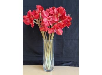 Tall Substantial Glass Vase With Faux Red Silk Lily Flowers