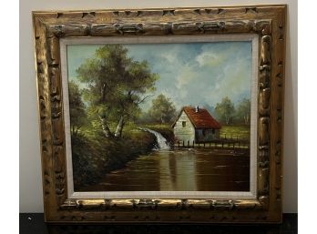 Framed Artwork Of A Cottage In The Woods With Small Waterfall