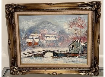 Winter Scene Painting Signed By Artist In Gold Frame