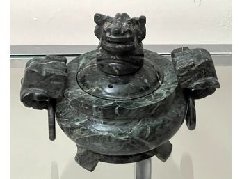 Impressive Green Stone Censer With Lid On Wooden Base