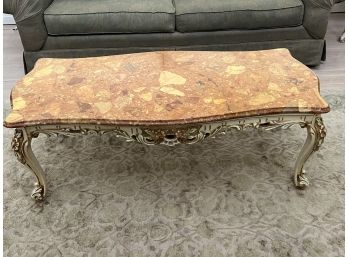 Vintage Romantic Style Marble Top Coffee Table With Carved Wood Legs
