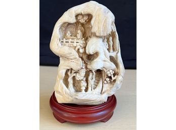 Asian Carved Stone Rock Mountain With Exposed Interior Of Scholars On Wood Base