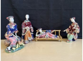 Group Of 4 Hand Painted Ceramic Ming Style Figurines Of Beautiful Chinese Ladies In Various Stages Of Repose