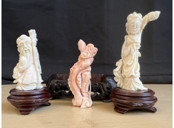 Three Miniature Carved Blush Coral Decorative Items Featuring Wise Man, Lady & Dragon
