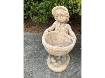 Very Cute Outdoor Cement Statue Of Boy With Basket