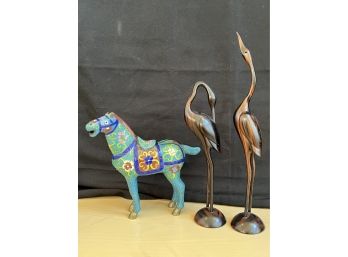 Colorful Cloisonne Horse Figurine & Pair Rosewood Cranes