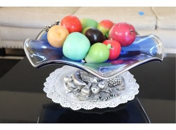 Large Decorative Glass Centerpiece Bowl With Silvered Fruit Base