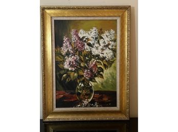Still Life Painting With Vase Of Lilacs In Gold Frame