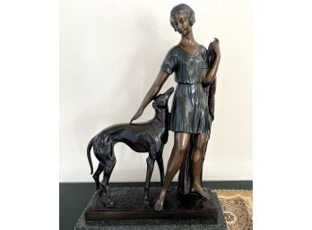 Large Reproduction Sculpture Of Art Deco Style Girl & Greyhound On Marble Base