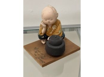 Porcelain Figurine Of Little Japanese Boy By Rice Pot With Japanese Signature On Wood Base