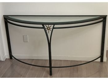 Demi Lune Shaped Console Table In Marbleized Metal & Beveled Glass