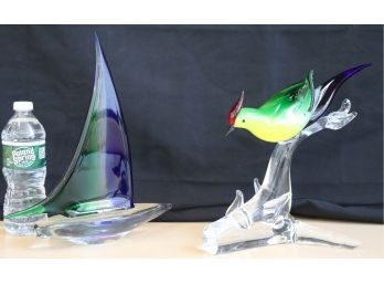 Two Vintage Art Glass Sculptures Of Exotic Bird & Sailboat