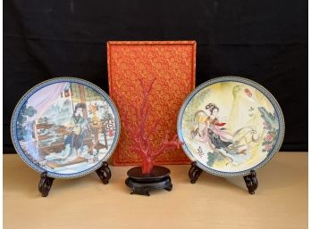 Natural Red Coral In Beautiful Presentation Box & Artistic Asian Porcelain Plates On Stands
