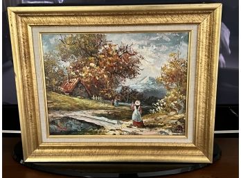 Vintage Landscape Painting With Girl & Farmhouse In Gold Frame Signed By Artist