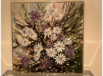 Large Modern Floral Painting In Gold Metal Frame Signed By Artist