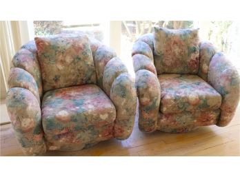 Pair Of Custom Swivel Chairs With Muted Floral Design Linen Fabric & Channel Stitching