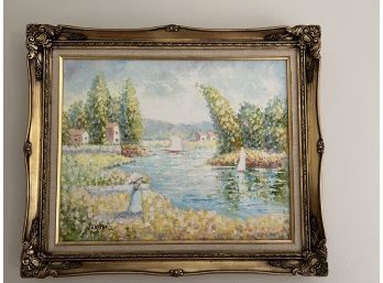 Impressionist Pointillist Style Painting Framed & Signed By Artist