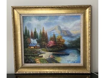 European Style Landscape Painting With Mountains & Cabin In Gold Frame