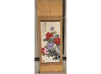 Long Hand Painted Asian Scroll With Large Peony Flowers Signed