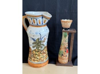 Tall Ceramic Hand Painted Pitcher From Spain & Vintage Japanese Stein On Stand