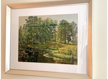 Amazing Hand Stitched Silk Needlework Of Forest & Pond In Silvered Frame