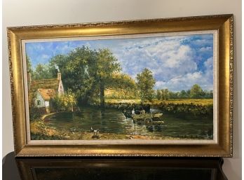 Impressionist Style Landscape Painting With Bright Blue Sky & Wagon In Wide Gold Frame
