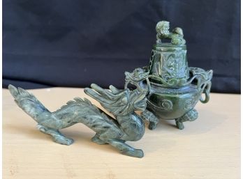 Two Special Carved Jade & Jasper Asian Pieces With Censer & Dragon