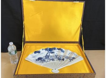 Large Decorative Porcelain Blue & White Fan Painted With Scenes Of Children