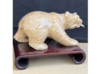 Vintage Hand Carved Stone Bear With Salmon Catch On Wood Stand