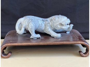 Asian Carved Stone Feline On Carved Wood Base