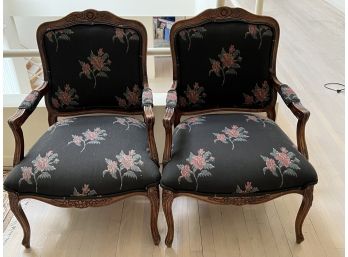 Pair French Style Fauteuils Or Armchairs With Floral Upholstery